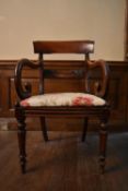 A Regency mahogany bar back open armchair on reeded tapering supports. H.89 W.52 D.50cm