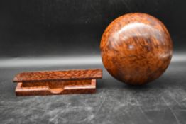 A burr maple domed and hinged top desk box with a burr maple sphere. H.4 W.27 D.15cm