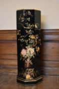A Chinese lacquered and hand decorated pedestal chest. H.102 W.36 D.36cm