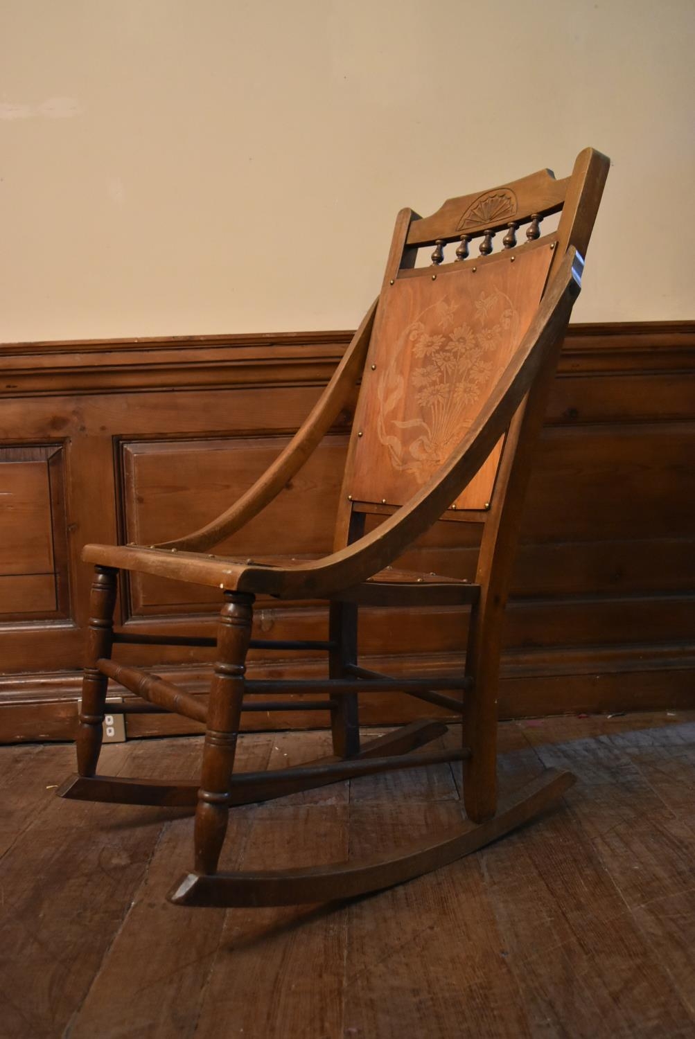 A late 19th century walnut rocking chair with floral pokerwork decorated back and seat. H.90 W.50 - Image 3 of 5