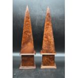 A pair of 20th century burr maple obelisks. H.46 W.12cm (2)