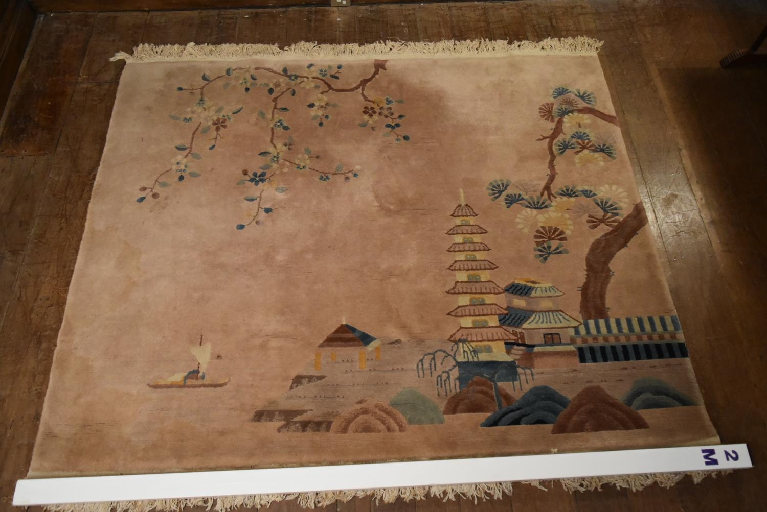 A Chinese rug with lake scape decoration on a blush ground. L.180 W.194cm - Image 6 of 6