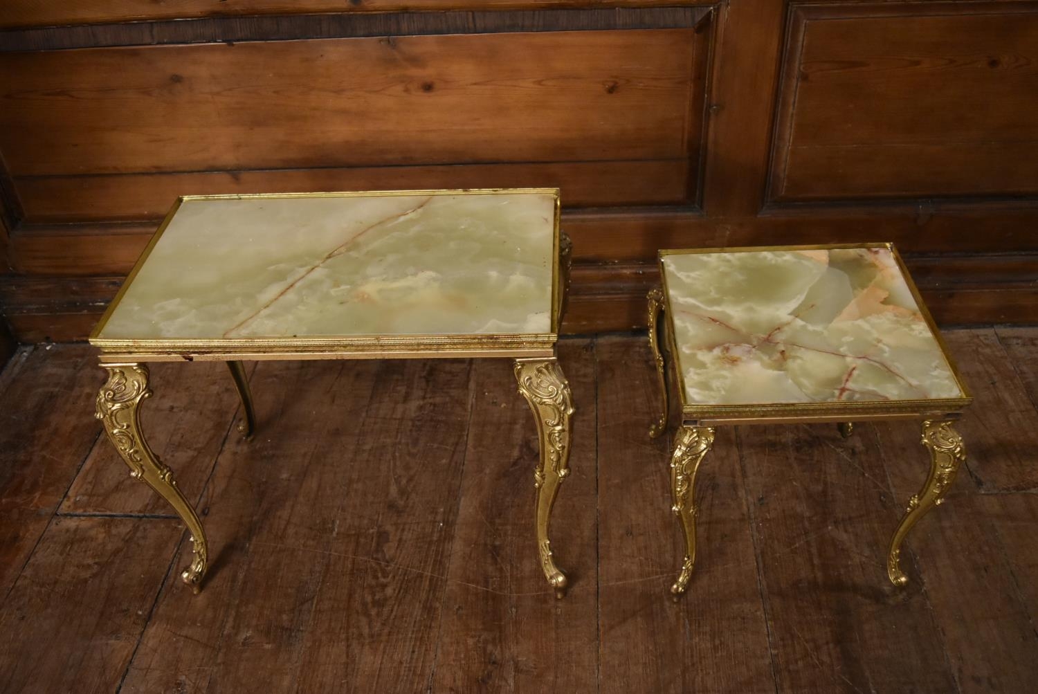 A vintage brass framed occasional table with inset onyx top and a similar table. H.45 W.52 D.32cm ( - Image 3 of 6