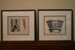 A pair of framed and glazed prints showing Norman and Gothic architectural styles, from drawings