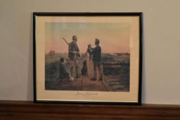 After Jules Denneulin, a C.1900 print, French hunting scene, Jamais Bredouille. H.54 W.64cm