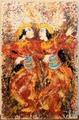 An unframed oil on canvas, dancing couple in traditional dress, indistinctly signed. H.60 W.40cm