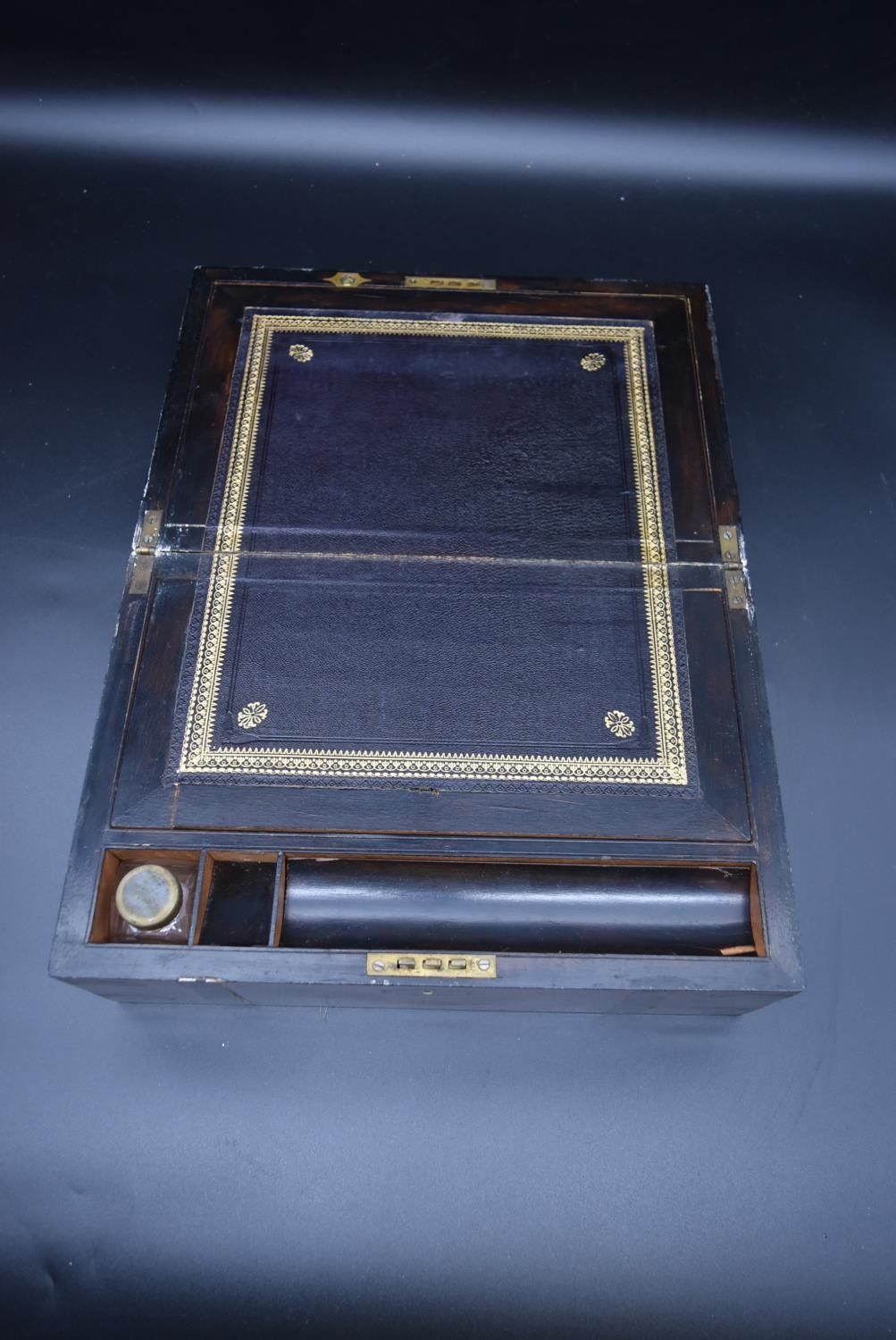 A mid 19th century walnut and brass bound writing slope, fitted interior with single glass inkwell - Image 3 of 9