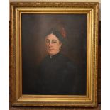 A carved gilt framed 19th century oil on canvas of a lady in mourning. Unsigned. Stamp to the