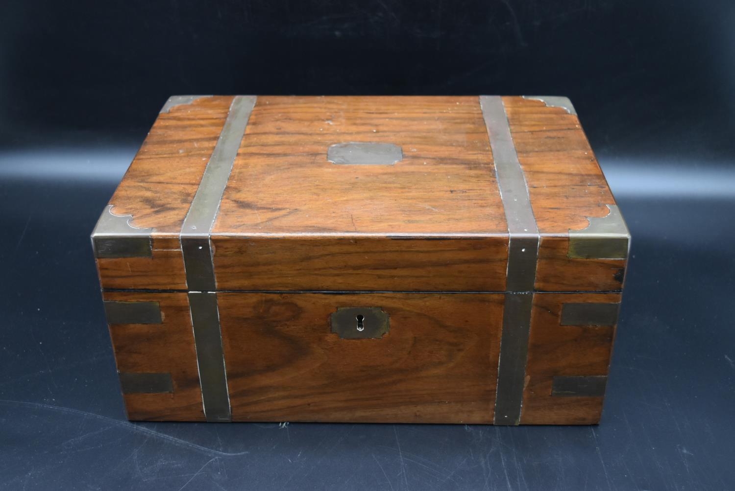 A mid 19th century walnut and brass bound writing slope, fitted interior with single glass inkwell - Image 2 of 9