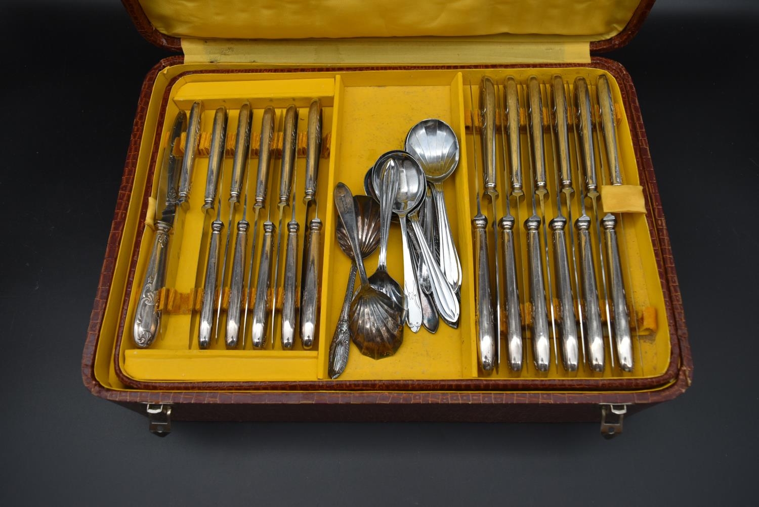 A 1920's silver plated cutlery set in a crocodile skin case fitted with lift out tray, including - Image 6 of 15