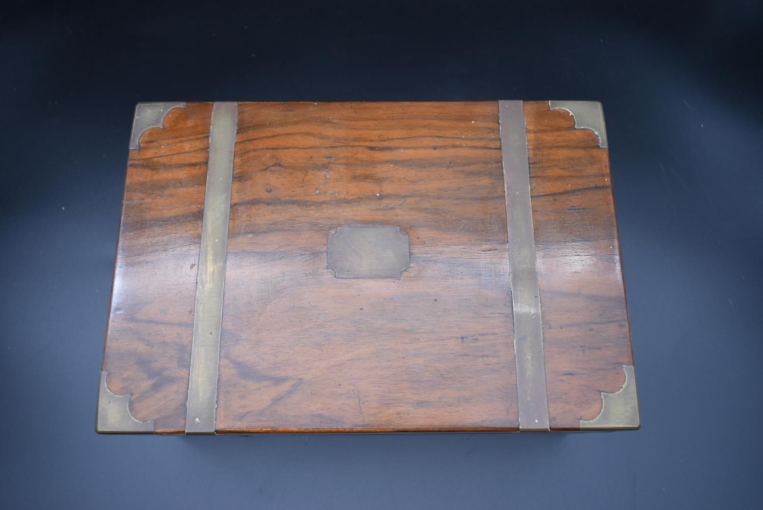 A mid 19th century walnut and brass bound writing slope, fitted interior with single glass inkwell - Image 8 of 9