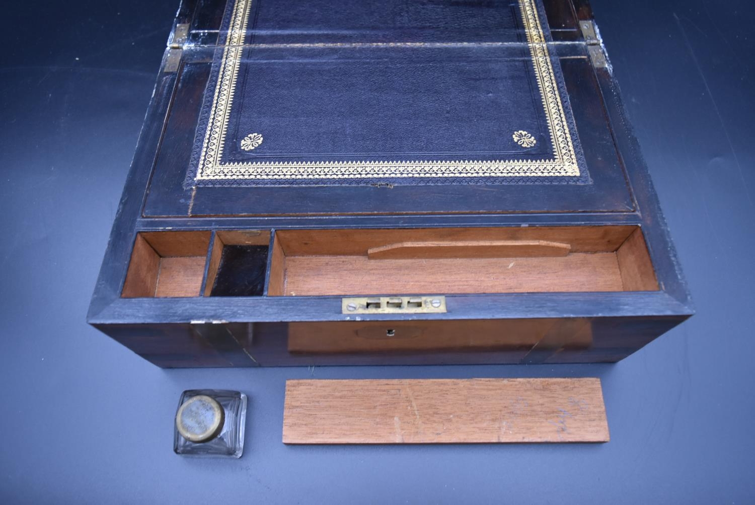 A mid 19th century walnut and brass bound writing slope, fitted interior with single glass inkwell - Image 5 of 9