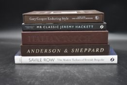 A collection of five hard back men's designer fashion books. Including Gary Cooper Enduring Style"