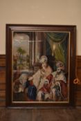 A large 19th century mahogany framed and glazed, woolwork needlepoint depicting a court scene. H.120