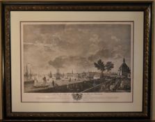 A framed and glazed 19th century engraving of the port of Bordeaux. H.84 W.104cm