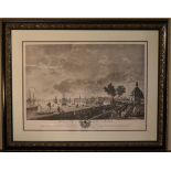 A framed and glazed 19th century engraving of the port of Bordeaux. H.84 W.104cm