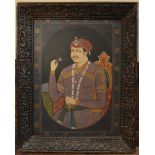 A framed and glazed early 20th century Indo-Persian watercolour on paper of King Shah Jahan was the