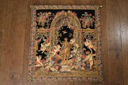 An Aubusson style fine wall hanging depicting cherubs and classical statue within a foliate