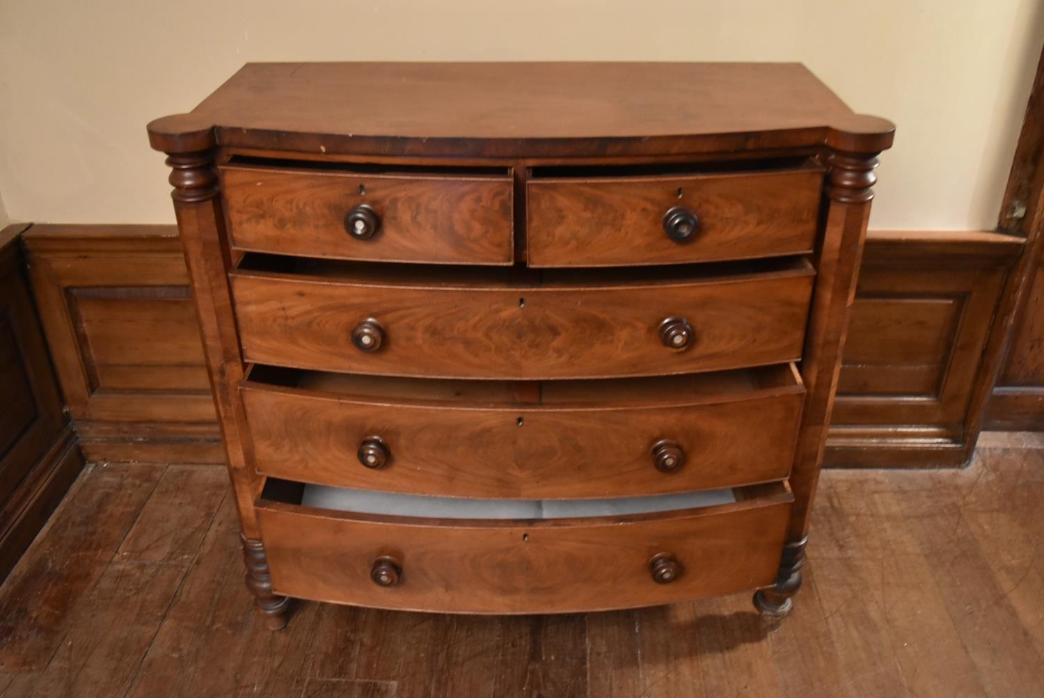 A mid Victorian mahogany bowfronted chest of two short above three long drawers flanked by - Image 4 of 5