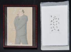 A vintage caricature print and a limited edition etching of birds perched on a wire, indistinctly