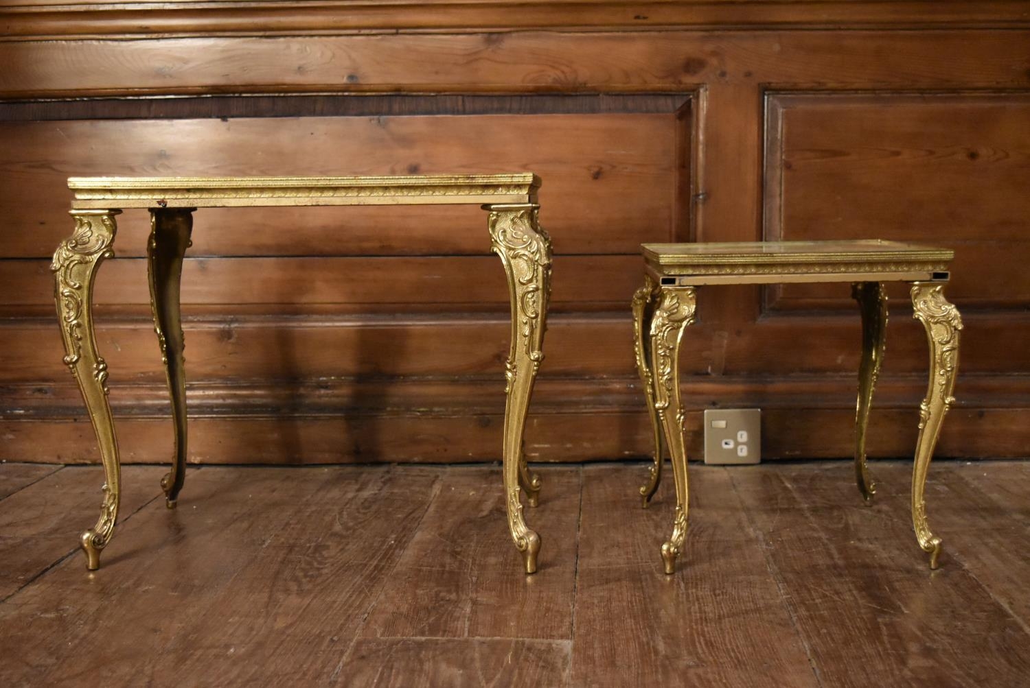 A vintage brass framed occasional table with inset onyx top and a similar table. H.45 W.52 D.32cm (