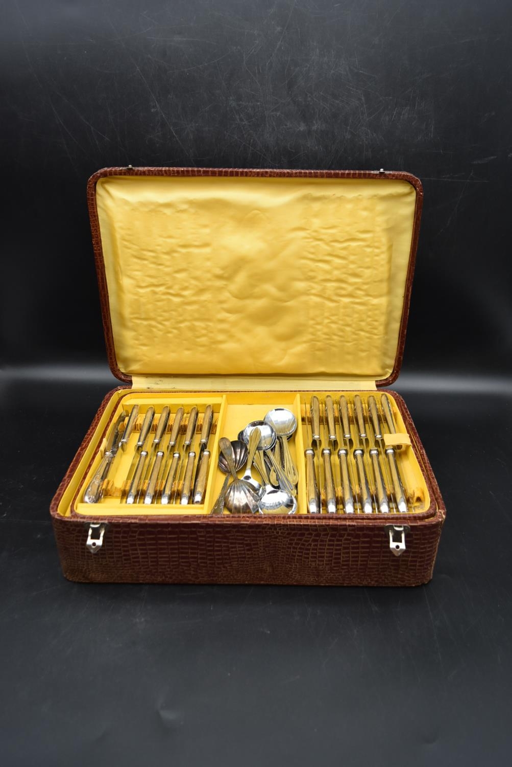 A 1920's silver plated cutlery set in a crocodile skin case fitted with lift out tray, including - Image 5 of 15