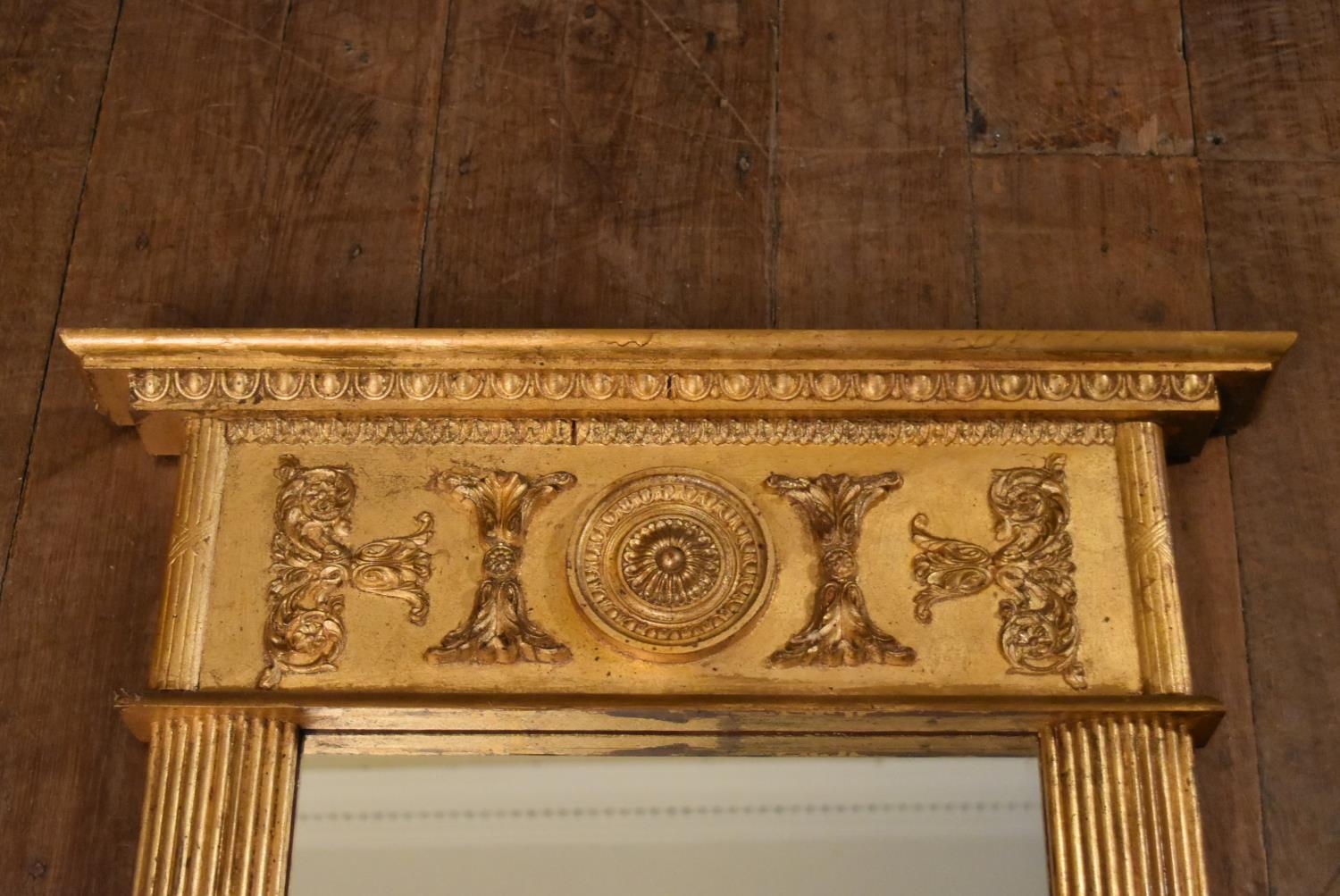 A Regency style giltwood and gesso pier mirror with architectural frieze decorated with acanthus and - Image 2 of 5