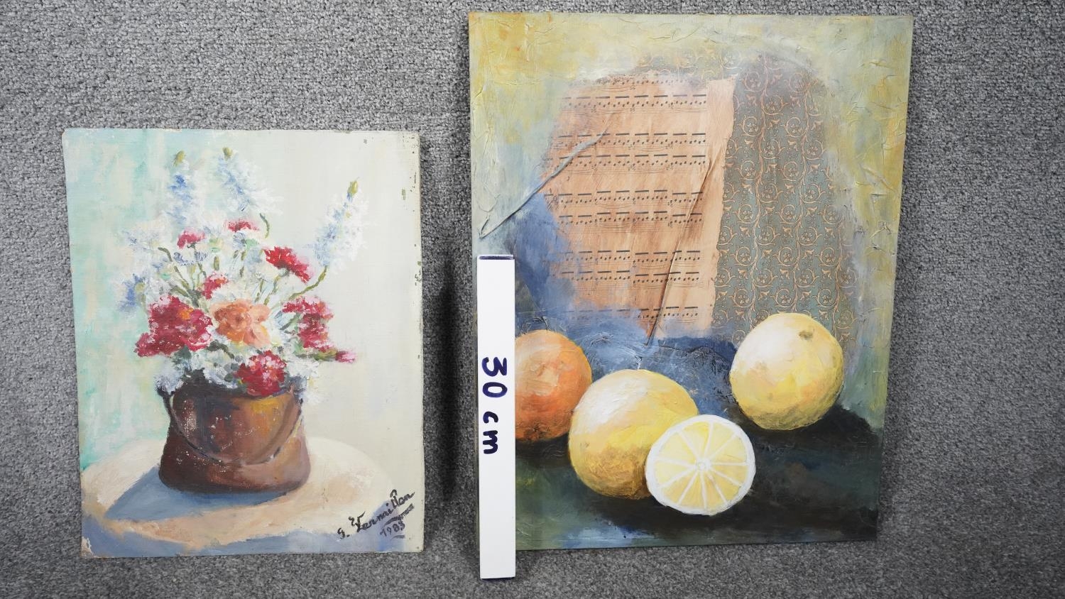 An oil on board of a copper pan filled with flowers, indistinctly signed, dated 1983 and an oil - Image 10 of 10