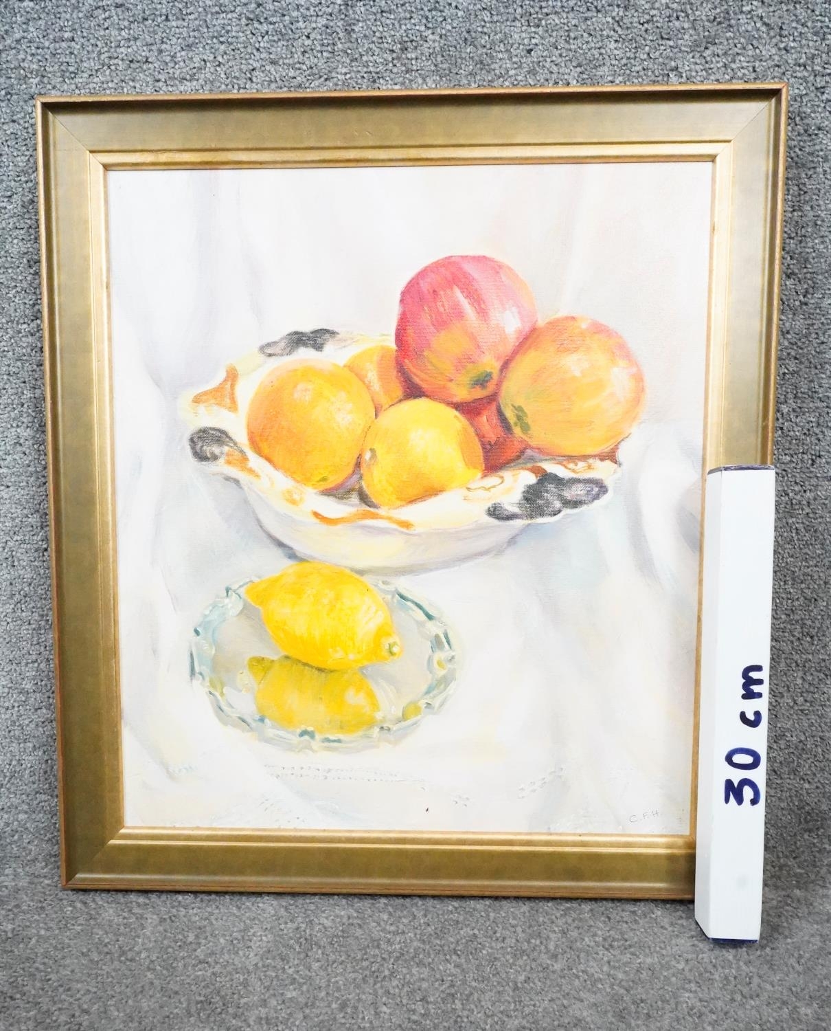 Catherine Harris - A framed still life oil on canvas of a bowl of fruit, monogrammed C.F.H. Label - Image 7 of 7