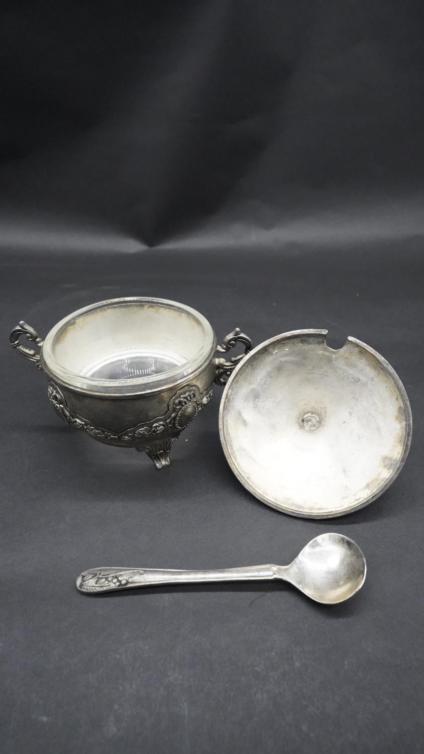 A silver plate relief swag and floral design three piece Islamic coffee set, with coffee jug, - Image 8 of 11