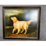 ALEXANDRA CHURCHILL - A framed oil on board of a Golden Retriever in a garden. Signed A.