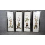 Four contemporary lacquered and gilded framed Japanese hardstone inlaid relief design. Depicting