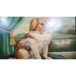 ALEXANDRA CHURCHILL - A framed oil on board of a Pekinese dog on a cushion. Signed A. Churchill. H.