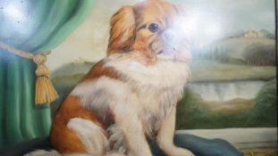 ALEXANDRA CHURCHILL - A framed oil on board of a Pekinese dog on a cushion. Signed A. Churchill. H.