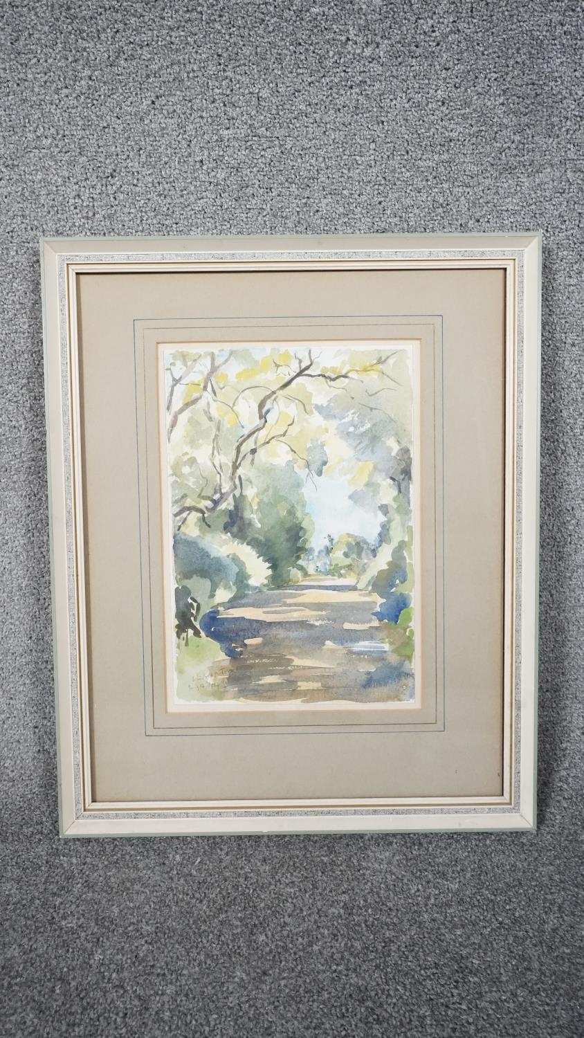 A framed and glazed watercolour of a Kent countryside lane. Signed by Winifred A. Forster. Label - Image 2 of 5