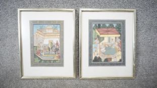 Two framed and glazed 20th century Indian Persian paintings on parchment of temple scenes. H.38 D.30