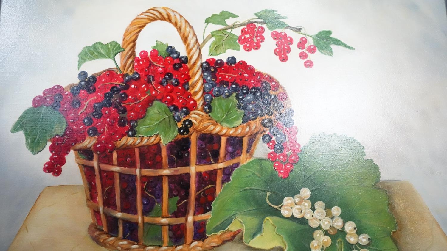 ALEXANDRA CHURCHILL - A framed oil on board still life of a basket of currants. Signed A. Churchill. - Image 2 of 5