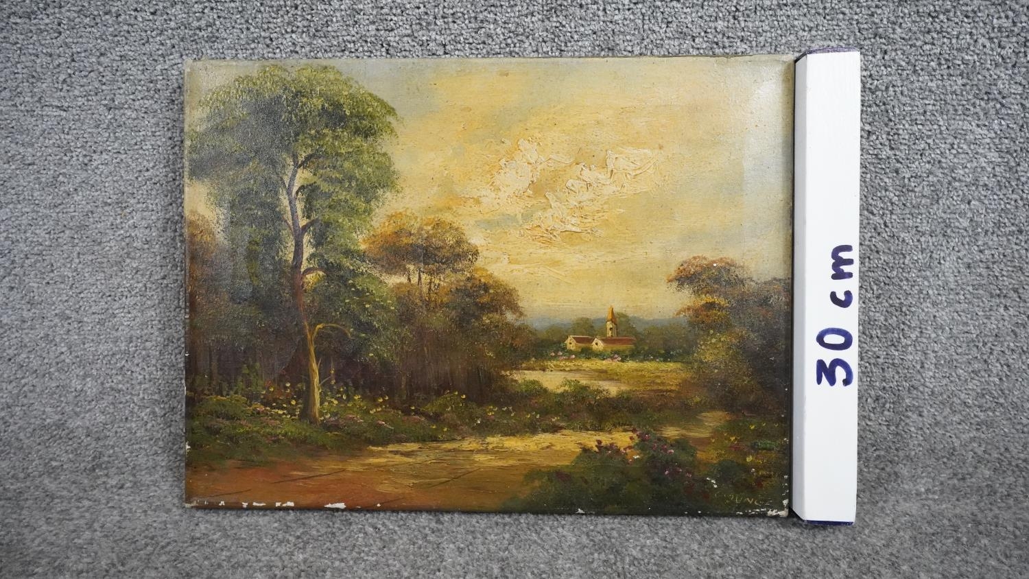 E. Junge- An oil on canvas of a landscape with church in the distance. Signed E. Junge. H.31 W.41 - Image 5 of 5