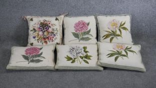 Six floral design tapestry cushions. Five cushions each embroidered with Peony flowers and the other