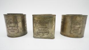A set of three silver plated loose tea tins. Each with impressed written description. H.88 W.8.8 D.