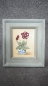 ALEXANDRA CHURCHILL - A framed oil on board still life of an Auricula in a blue and white Chinese