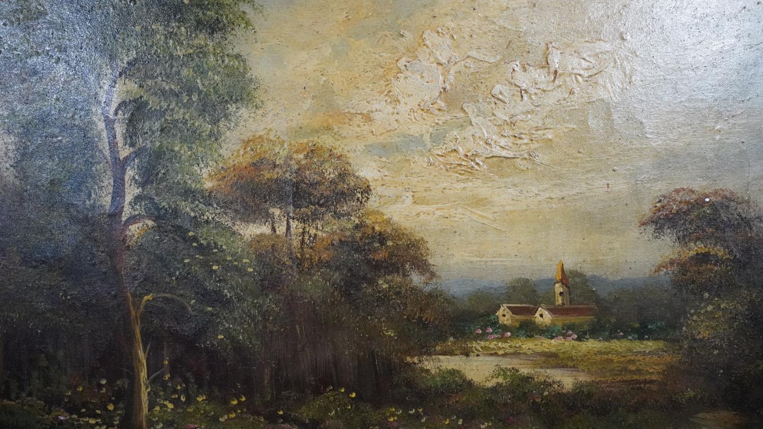 E. Junge- An oil on canvas of a landscape with church in the distance. Signed E. Junge. H.31 W.41 - Image 2 of 5