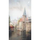 Louis Burleigh Bruhl (1862 - 1942) A framed and glazed watercolour of a Dutch canal scene. Signed by