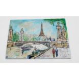 An antique enamel on copper plaque depicting a Parisian embankment scene. H.10.6 W.15.5