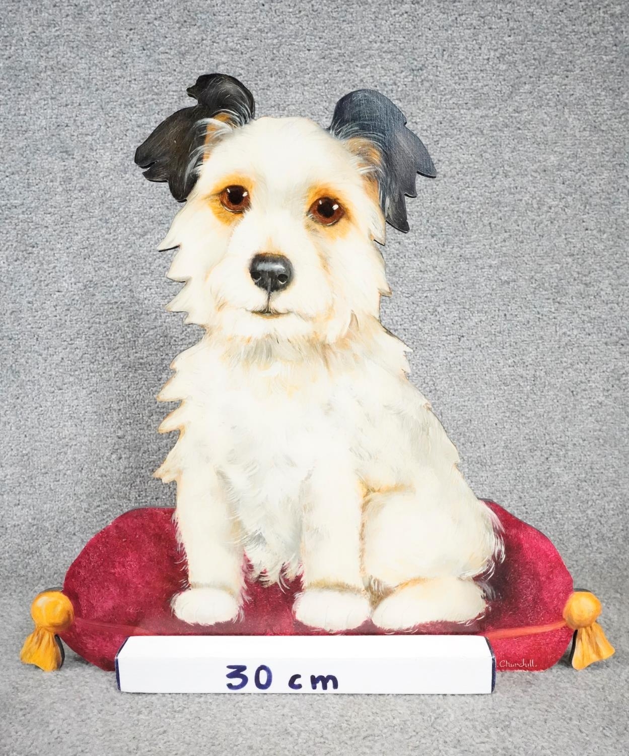 ALEXANDRA CHURCHILL - A painted wooden fire screen with easel back, in the shape of a terrier on a - Image 6 of 6