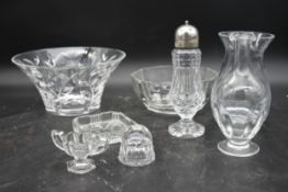 A miscellaneous collection of glass to include bowls, vases, a shaker, etc. H.12 W.25cm (largest