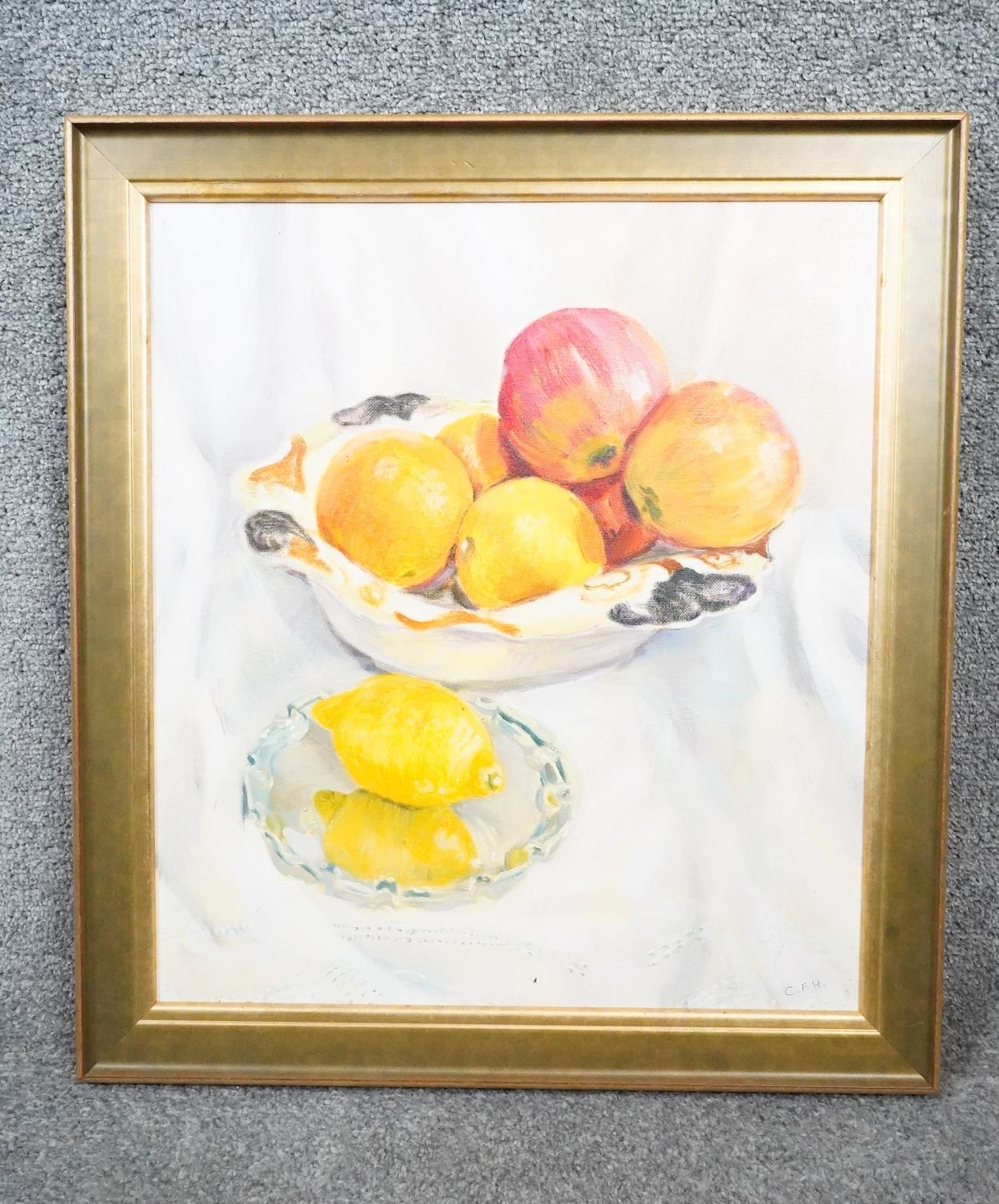 Catherine Harris - A framed still life oil on canvas of a bowl of fruit, monogrammed C.F.H. Label - Image 2 of 7