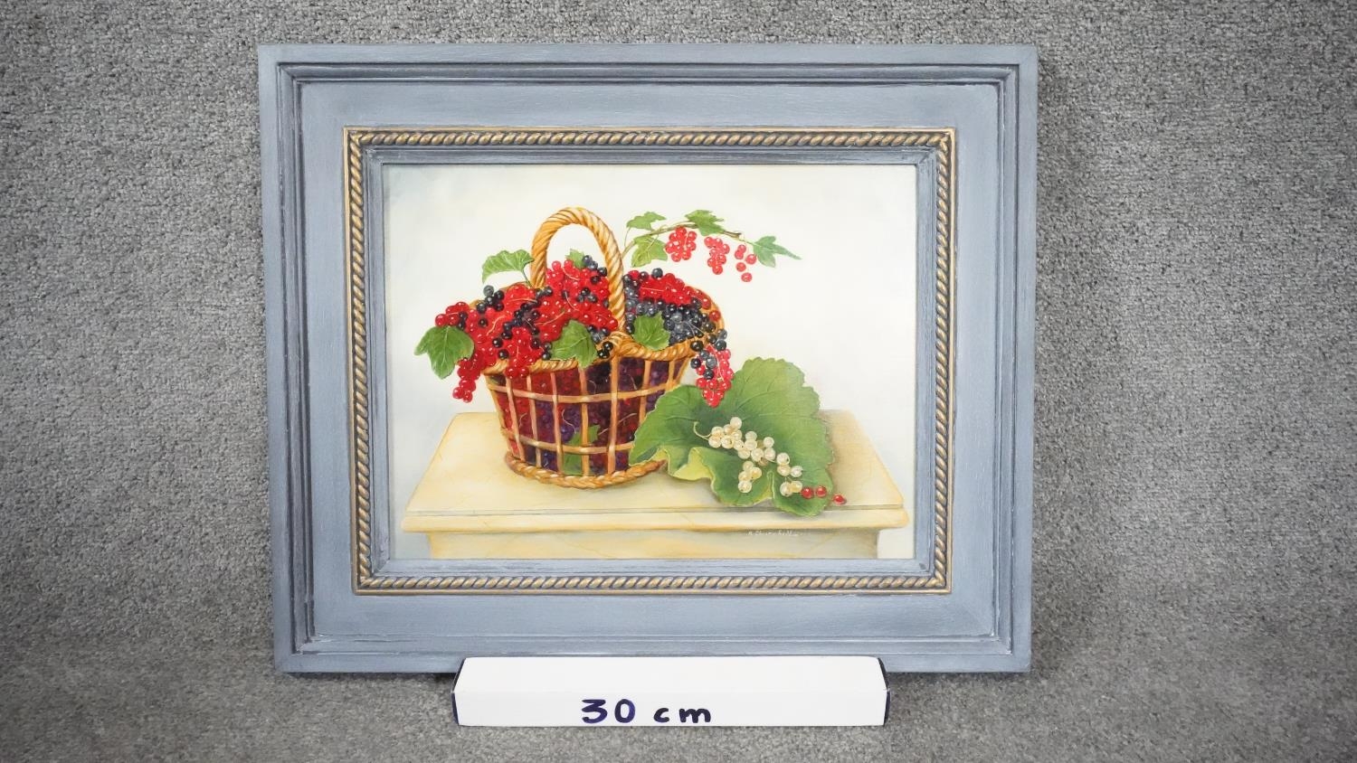 ALEXANDRA CHURCHILL - A framed oil on board still life of a basket of currants. Signed A. Churchill. - Image 5 of 5