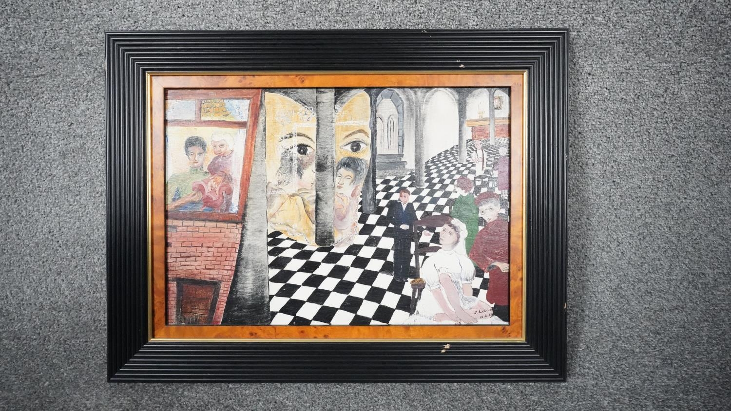 A framed oil on board of a surrealist scene with figures in a church. Signed J. Lebrun, dated 19.2. - Image 2 of 7