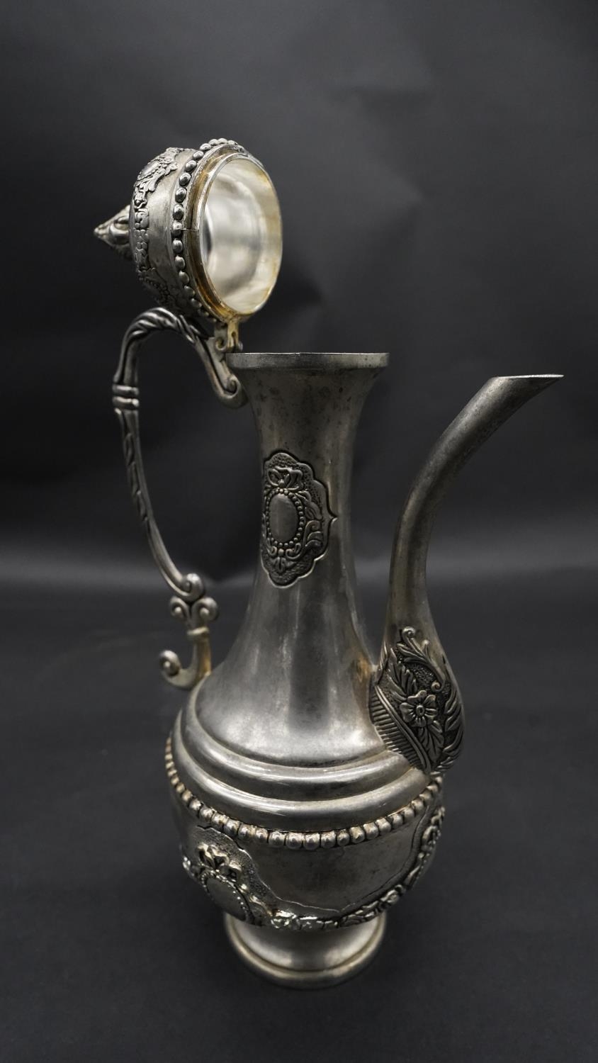 A silver plate relief swag and floral design three piece Islamic coffee set, with coffee jug, - Image 4 of 11